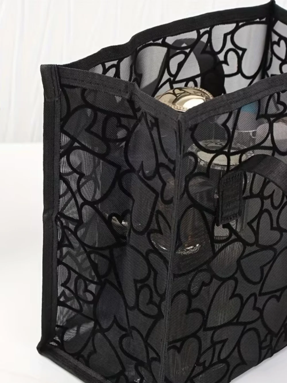 Black Heart Pattern Mesh Tote Organizer Bag -